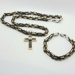 316L Stainless Steel Unisex Cross Necklace Bracelet Gold Plated Black Chain Link